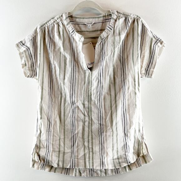 Splendid Short Sleeve Linen Blend Striped Basic Tee Shirt Top Blouse Tan XS - Picture 2 of 7